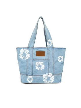 Bolsos tote de tela de mezclilla de lavado claro con diseño de Cotton Wreath
