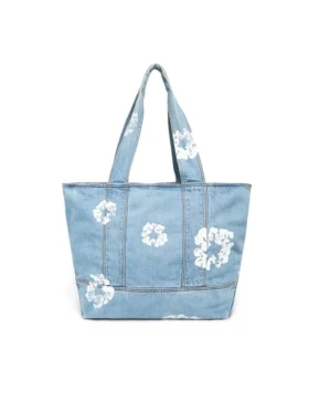Bolsos tote de tela de mezclilla de lavado claro con diseño de Cotton Wreath