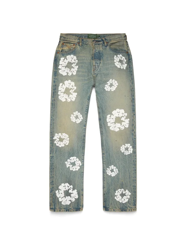 Pantalones de Denim Cotton Wreath de corte recto con lavado sucio