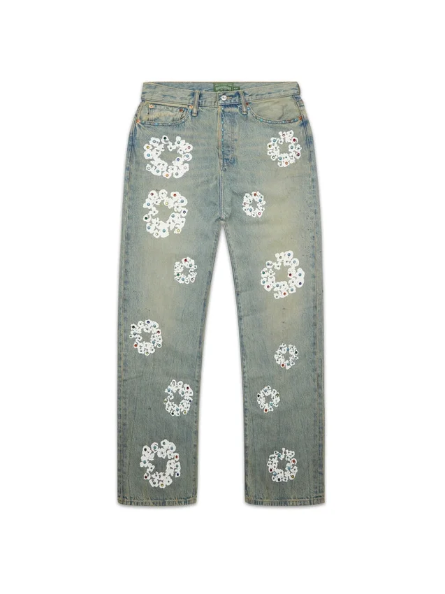 Pantalones holgados de Denim con Cotton Wreath de tachuelas, lavado sucio