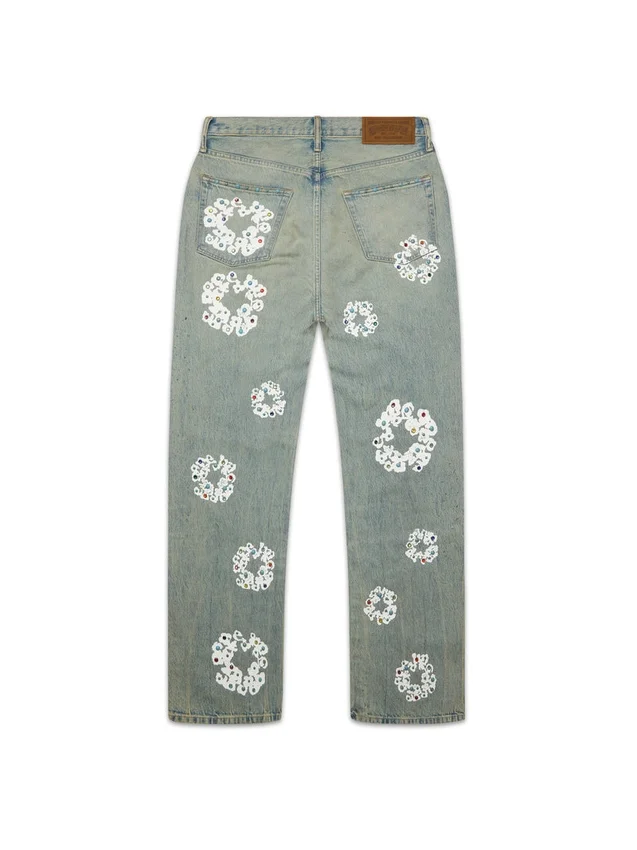 Pantalones holgados de Denim con Cotton Wreath de tachuelas, lavado sucio